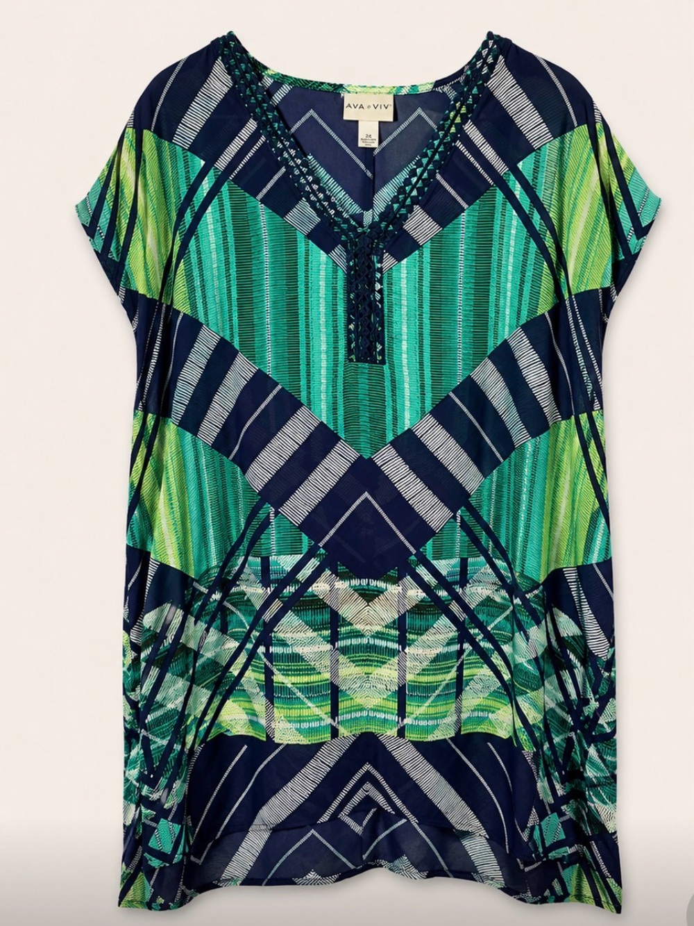 Ava & Viv Navy and Green Geometric V-Neck Tunic